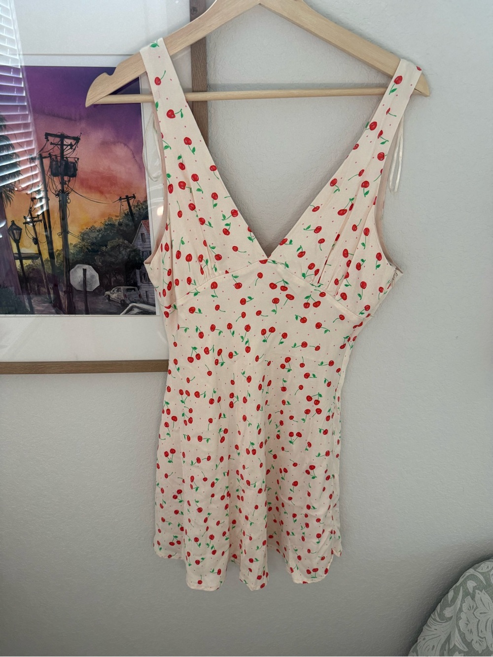 Zara Cream Cherry-Print V-Neck Tunic Top